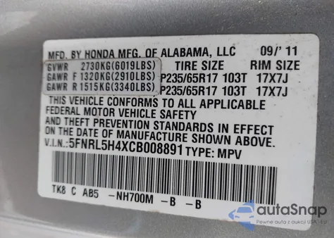 2012 Honda Odyssey Ex from USA, damaged, VIN 5FNRL5H4XCB008891